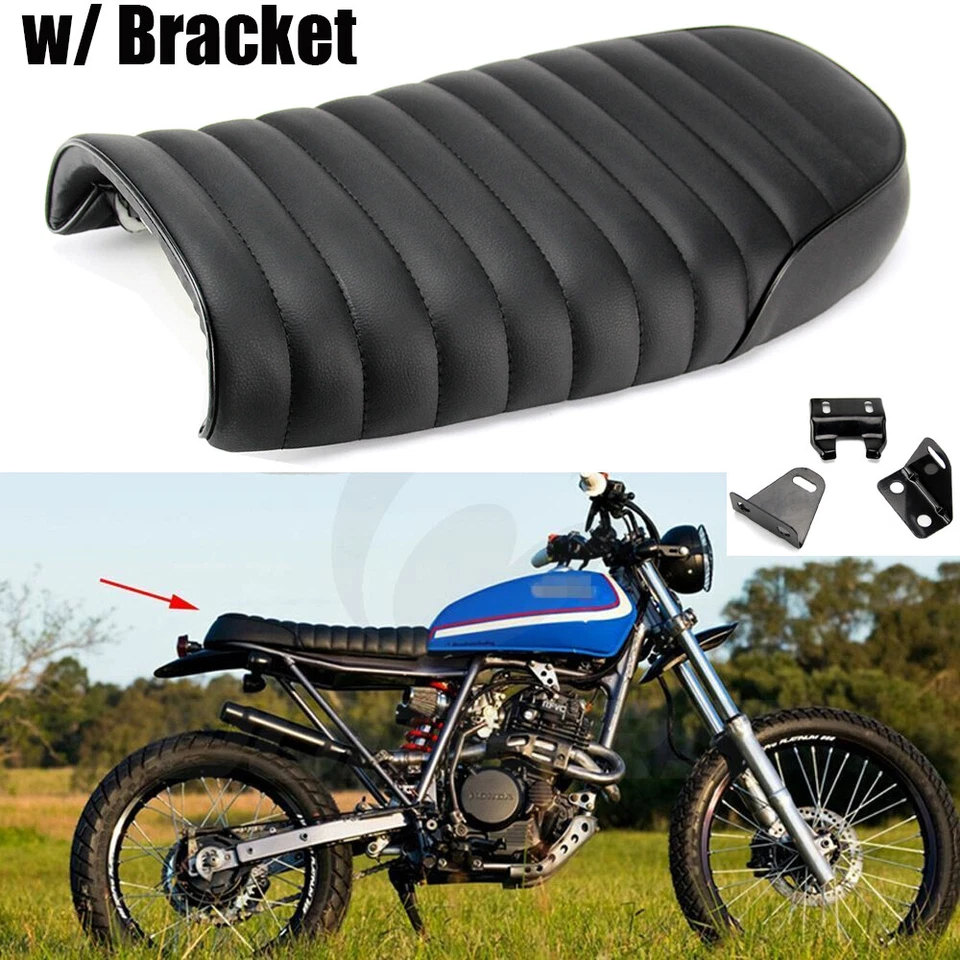 Universal Leather Motorcycle Cafe Racer Seat Flat Saddle For Honda Suzuki Yamaha - Image 2 of 4