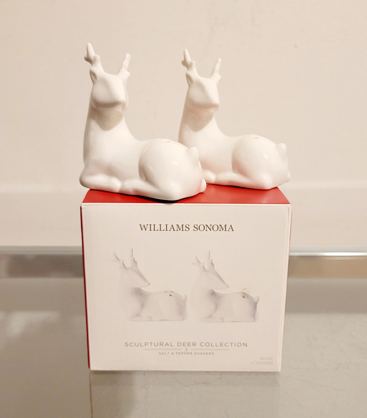 Williams Sonoma Sculptural Reindeer Deer Salt & Pepper Shakers NEW