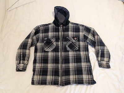 DICKIES Men’s Black/White Plaid Lined Hooded Flannel Shirt Jacket Size L 