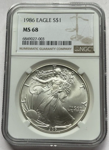 1986 Silver American Eagle Coin MS68 NGC Certified BU 1 Oz US. Mint 1st Year ASE