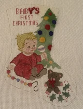 Baby’s First Christmas Mini Stocking Needlepoint Canvas Vintage Rattle Tree Bear