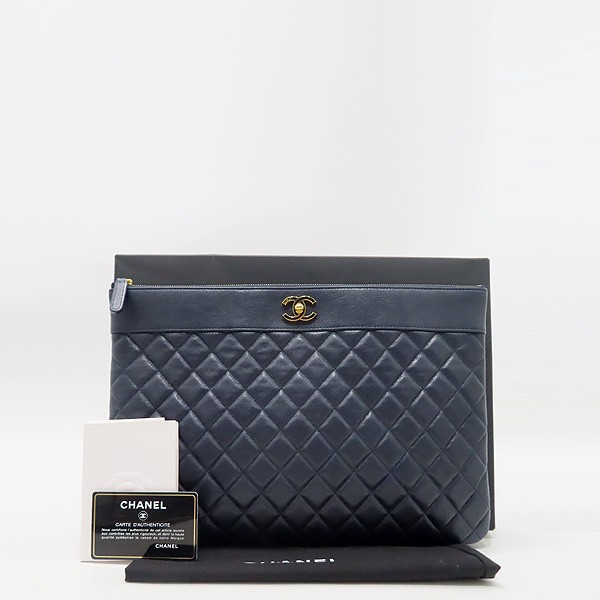 Chanel A80993 Navy Lambskin Mademoiselle Large Clutch Bag