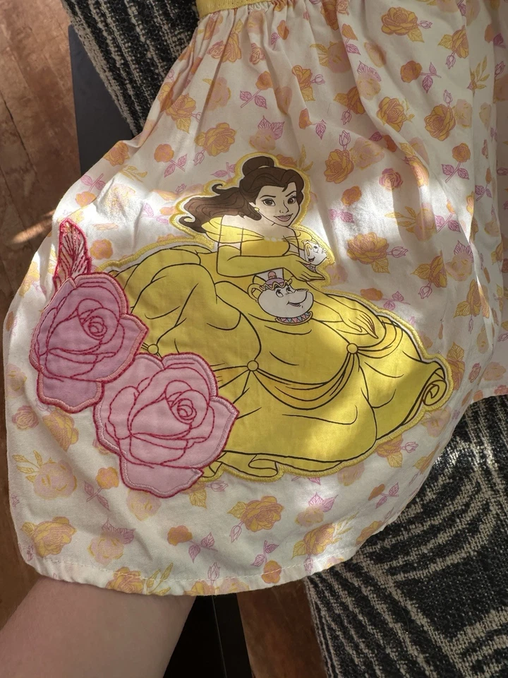Disney Beauty & The Beast Princess Belle Yellow Girls Floral Dress 5/6 lined - Image 2 of 4