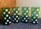 4 Vintage ANCHOR HOCKING  Forest Green & White Polka Dot 6” Glasses TUMBLERS
