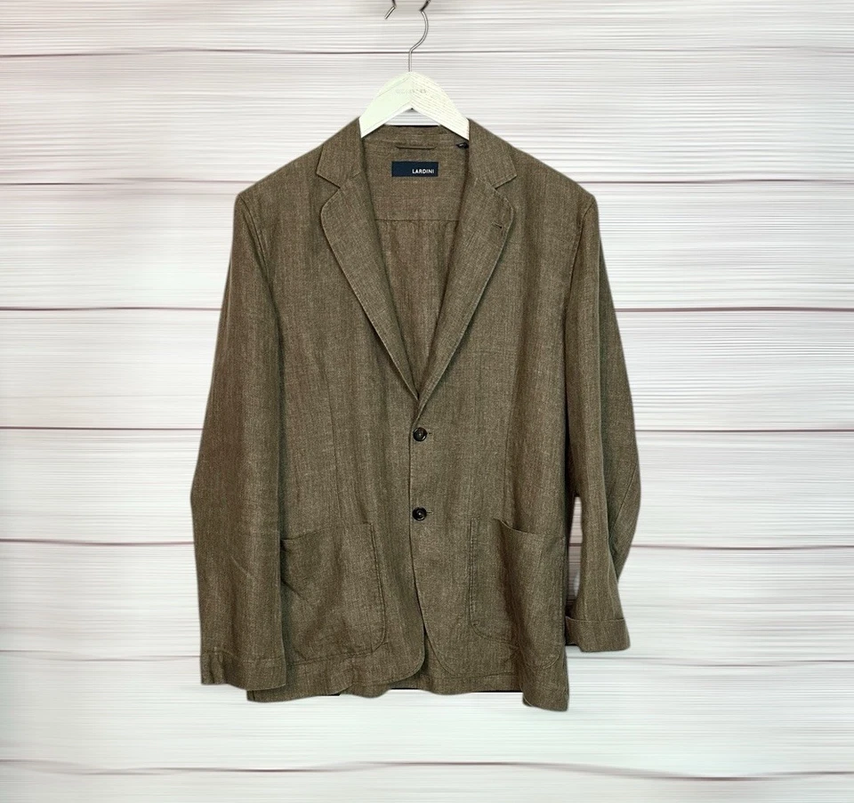 Blazer de lino LARDINI sin forro parche bolsillo marrón topo ligero Italia para hombre XL Foto 3 de 4