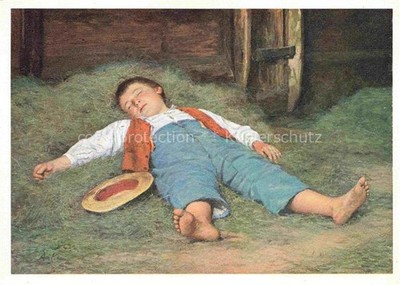 ANKER Albert (1831-1910) Artist Card Switzerland Sleeping Boy in Hay Basel 