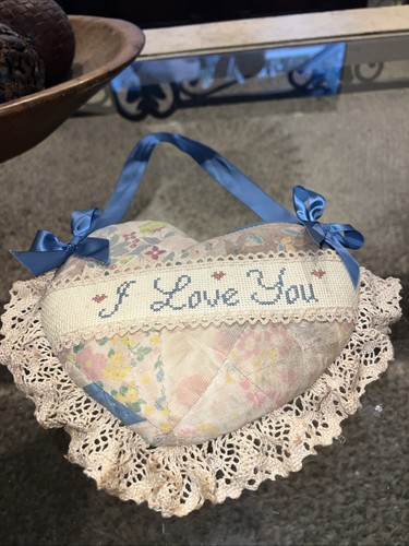 Vintage Quilted Peg Hanger Pillow Handmade Cross Stitch Lace Ribbon I Love You - Picture 4 of 4