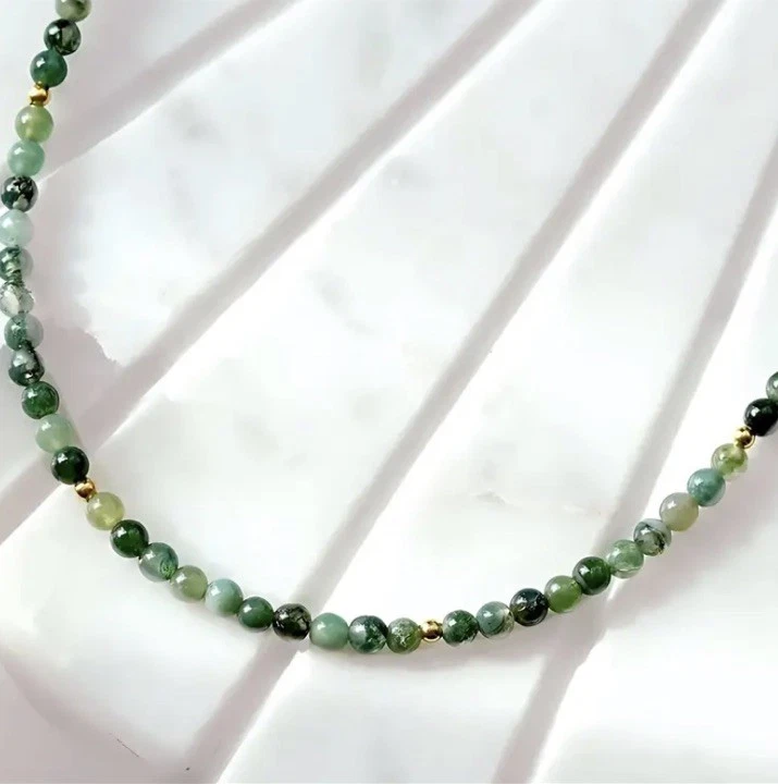 ✅ Moosachat Edelstein Halskette Grün Gold Natürliche Stein Perlen Kette Damen ✅ - Bild 3 von 4