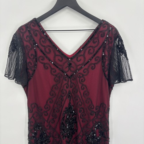 Womens Flapper Dress Burgundy Black Beaded Fringe V Neck Short Sleeve Gatsby - Picture 5 of 23