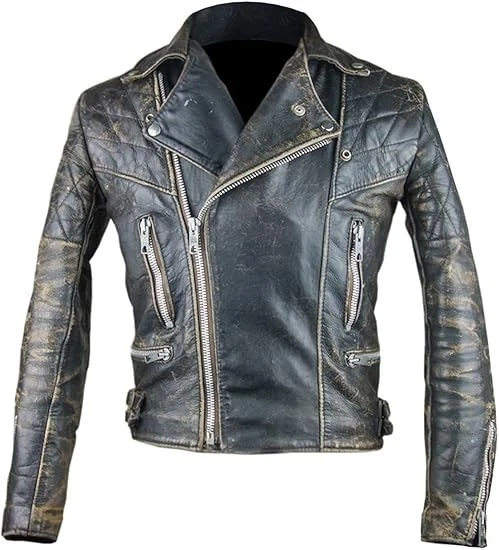 Vintage Distressed Black Leather Biker Jacket Mens Motorcycle Retro Café Racer