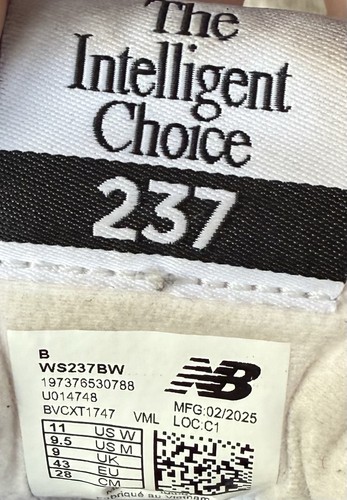 NEW BALANCE 237 Lace-Up Running Shoes Unisex Size M 9.5 W 11 White/black WS237BW - Picture 12 of 12