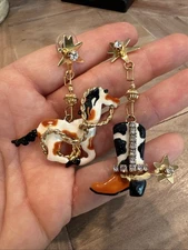 Rare Vintage 1980S Lunch At The Ritz Dangle Earrings, Horse Cowboy Boot