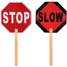 Handheld Stop Slow Sign, 13 Inch Double Sided Street Slow Reflective Sign wit...
