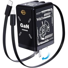 2 in 1 W&O GaN Fast Charger USB-C Wall Adapter Retractable Plug for iPhone Samsu