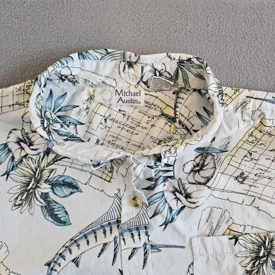 Camisa de campamento hawaiana Aloha con mapa de pez vela e hibisco floral para hombre XXL Foto 4 de 4