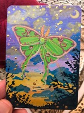 aceo original art card luna moth dusk sky sunset moon painting by artfauna.art