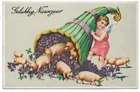 ANTIQUE NEW YEAR Postcard      CHERUB TIPPING CORNUCOPIA, PIGS RUNNING OUT