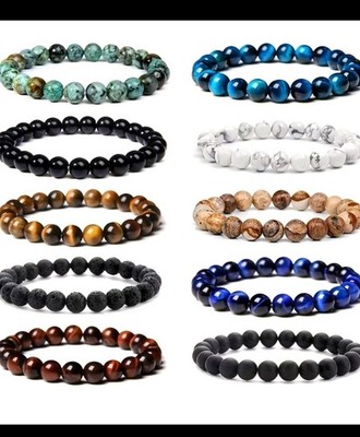 10 Böhmisches Armband Set Mehrfarbig Lava Marmor Tigerauge Perlen Stretch