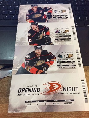 2015-16 ANAHEIM DUCKS SEASON TICKET STUB PICK YOUR GAME DROPBOX PERRY GETZLAF