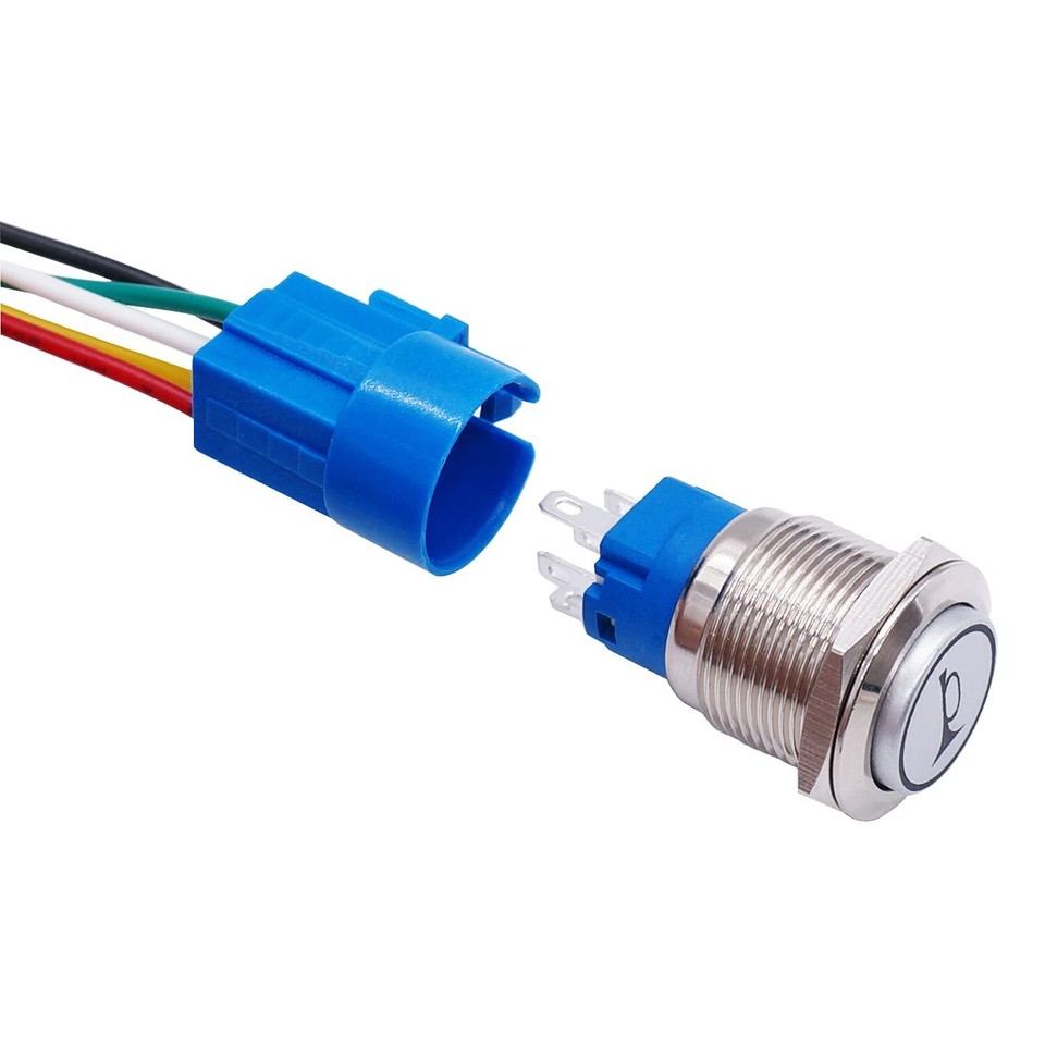 /19mm 12v Car Horn Push Button Blue Led Lighted Momentary Metal Speaker