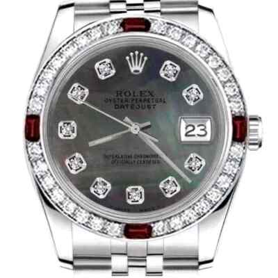 Rolex Datejust 26 mm Black Mother Of Pearl Dial Diamond & Ruby Bezel Steel Watch