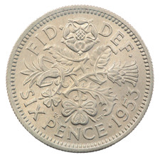 1953 QUEEN ELIZABETH II UNCIRCULATED SIX 6 PENCE SIXPENCE COIN