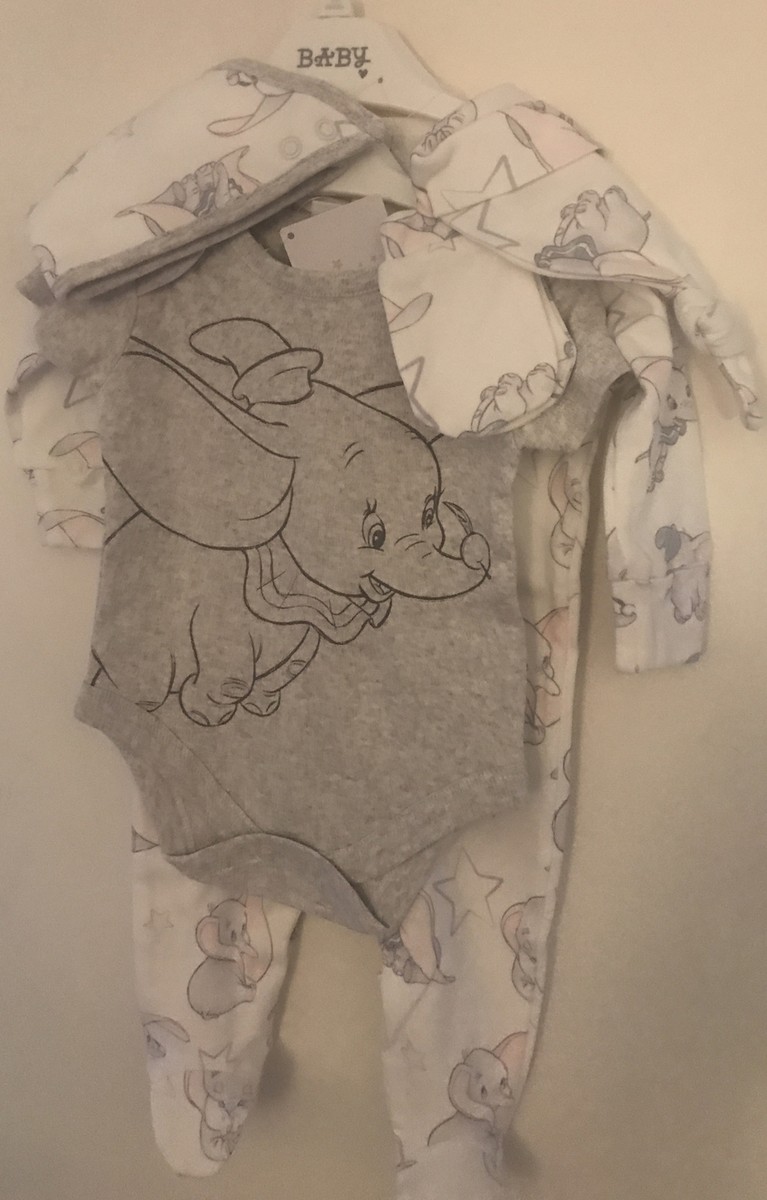 Disney Dumbo Baby Piece Baby Grey Cream Cotton Layette Set ~3
