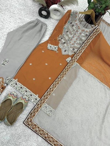 Women Party Outfit Indian Palazzo Kurta Embroidery 3 Piece Readymade Eid Suits - Picture 9 of 21