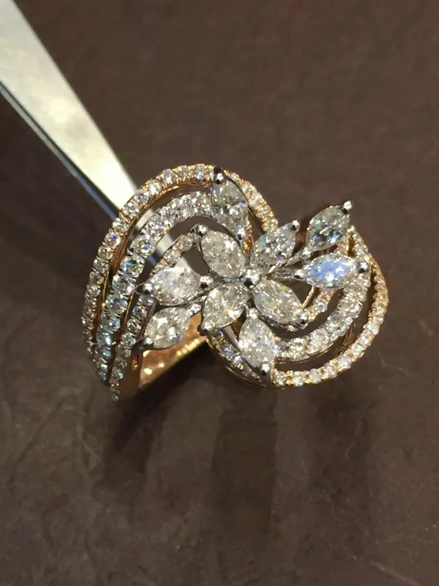 Pave 1.53 Cts Round Marquise Cut Natural Diamonds Ring In 585