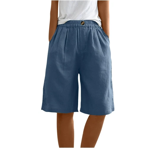 Womens Solid Color Pants Pocket Button Up Capris Loose Elastic Waist Shorts - Bild 12 von 63