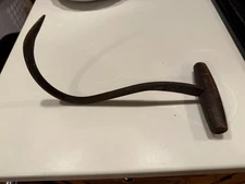Antique Hay Bale Hook - Wood Handle/Forged Steel  11"L TO BEND AT BOTTOM
