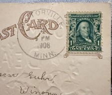  RARE 1908 postcard featuring a BENJAMIN  FRANKLIN 1 cent GREEN STAMP Vintage!!