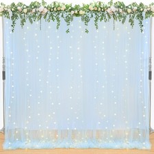 2 PCS Baby Blue Tulle Backdrop Curtain With Lights String 510ft Sheer Decor