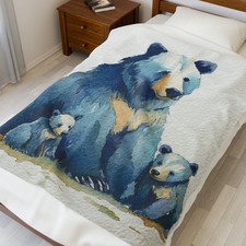 Blue Watercolor Bear Family Velveteen Blanket  Forrest Nursery Throw