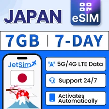 Japan eSIM - 7GB High-Speed, 7 Day Docomo JetSim/Travel SIM