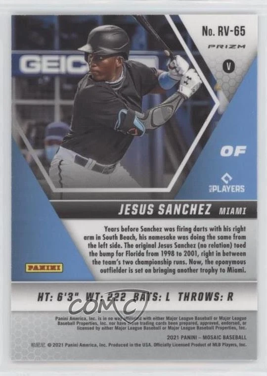 2021 Panini Mosaic Rookie Variation Quick Pitch Prizm Jesus Sanchez #RV-65 RC - Image 2 of 2