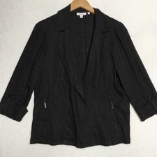 Chico s Linen Blend Open Cardigan Jacket Size 2 / 12 Black Tab Cuffs Zip Pockets
