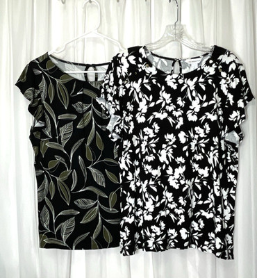 Liz Claiborne Lot 2 Summer Tops Womens LG Floral Black Green White Short Sleeve