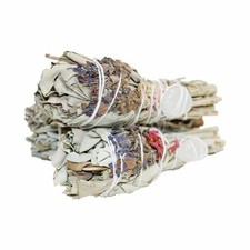 Sage Smudge Sticks 4" White Flower Lavender Quartz Torch 3 Pack Wands