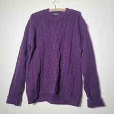 Vintage Sweater Shop Aran Cable Knit Wool Jumper Purple  Size UK Small Fisherman