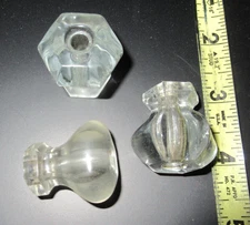 3 Vintage 6 sided Small Glass Crystal Cabinet Knobs Drawer Pulls No Hardware