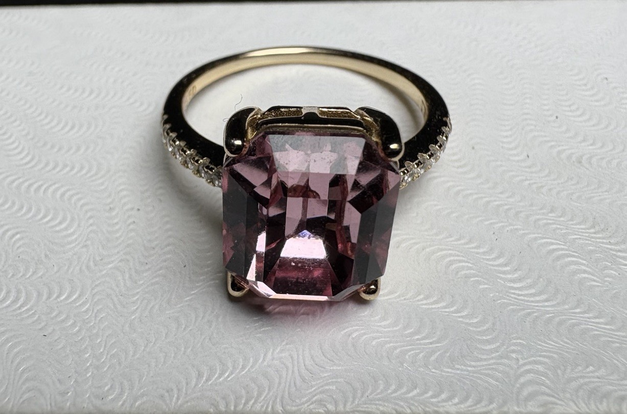 925 FD Sterling Silver Pink Emerald Cut Stone Ring Size 7.5 Gold Tone