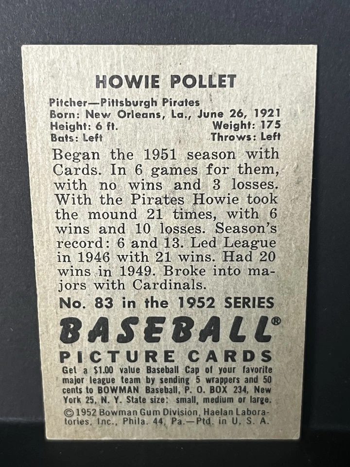 1952 Bowman Mid- Hi Grade Set-Break # 83 Howie Pollet Ex-mt - Image 2 of 2
