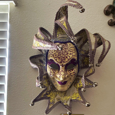 Venetian Jester Decorative Wall Mask Fabric Painted Purple Silver Cream