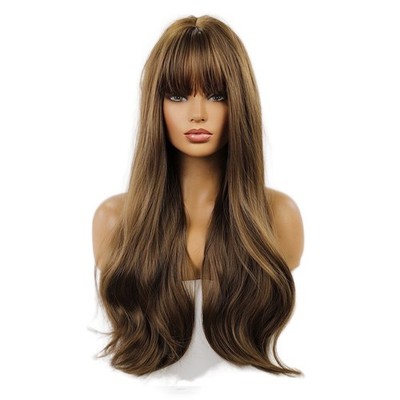 Brown Cosplay Wig With Fringe Heat Resistant Synthetic Hair Long Wavy
