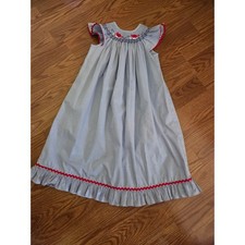 Zucchini Girls Blue Gingham Smocked Crab Dress Red Ric Rac Trim Ruffle Hem