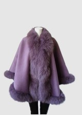 Women's New Cashmere Wool Wrap Cape Fox Fur Purple Mauve CLEARANCE SALE
