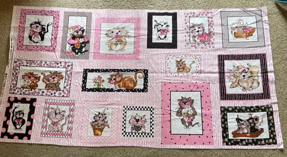 "Panel de tela de edredón de algodón rosa Loralie Fancy Cats raro - 23"" x 44""" Foto 4 de 4