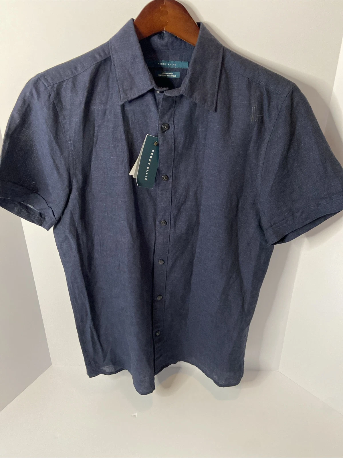 Perry Ellis Shirt Mens Small Blue Linen Blend Short Sleeve Button Up NWT