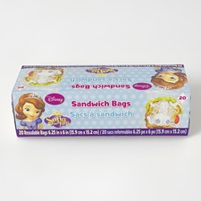 Disney Sofia the First Plastic Sandwich 6.25 in X 6 in Resealable Bags 20 Count